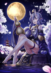 Rule 34 | 1girl, bare shoulders, barefoot, blush, breasts, cherry blossoms, cleavage, full moon, gourd, hair between eyes, highres, horns, japanese clothes, kazuki seihou, kimono, long hair, looking at viewer, medium breasts, mole, mole under mouth, moon, multicolored hair, night, nijisanji, oni, pointy ears, purple eyes, purple kimono, rindou mikoto, short eyebrows, skin-covered horns, sky, sleeves past wrists, solo, star (sky), starry sky, streaked hair, thick eyebrows, virtual youtuber