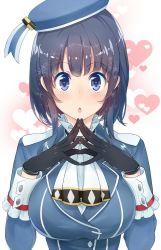 Rule 34 | 10s, 1girl, amami amayu, beret, black gloves, black hair, blue hat, blue jacket, blush, breasts, brown eyes, epaulettes, fingers together, gloves, hat, heart, heart-shaped pupils, heart background, jacket, kantai collection, large breasts, long sleeves, looking at viewer, open mouth, short hair, solo, symbol-shaped pupils, takao (kancolle), white background
