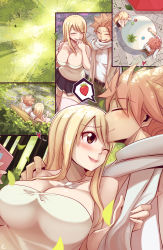 Rule 34 | 1boy, 1girl, ^ ^, absurdres, alternate costume, bare shoulders, black skirt, blonde hair, blush, breasts, brown eyes, cleavage, closed eyes, colesbot, fairy tail, fairy tail logo, heart, highres, jewelry, large breasts, long hair, looking at another, lucy heartfilia, miniskirt, natsu dragneel, necklace, one eye closed, parted lips, pink lips, scarf, shirt, skirt, smile, strapless, table, thighhighs, tube top, upper body, white scarf, white shirt, white thighhighs, zettai ryouiki
