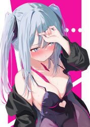 Rule 34 | ..., 1girl, absurdres, aqua hair, bare shoulders, black jacket, black leotard, blue eyes, blush, breasts, cleavage, closed mouth, clothing cutout, covered navel, hatsune miku, heart cutout, highres, jacket, large breasts, leotard, long sleeves, looking to the side, memekko, pink background, playboy bunny, rabbit hole (vocaloid), sweat, twintails, two-tone background, vocaloid