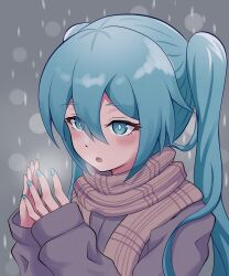 Rule 34 | 1girl, absurdres, blue eyes, blue hair, blush, breath, breathing on hands, commentary, hatsune miku, highres, jacket, kumada gaon, long hair, long sleeves, nail polish, open mouth, plaid, plaid scarf, scarf, sleeves past wrists, snowing, solo, twintails, vocaloid, winter, winter clothes