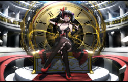Rule 34 | 10s, 1girl, adjusting hair, arm strap, black hair, black thighhighs, blurry, bow, breasts, cleavage, clock, crossed legs, date a live, detached sleeves, dress, gun, hair ribbon, heterochromia, highres, hk (hk), holding, letterboxed, lolita fashion, long hair, looking at viewer, open mouth, red eyes, ribbon, roman numeral, sitting, solo, thighhighs, tokisaki kurumi, twintails, weapon, yellow eyes