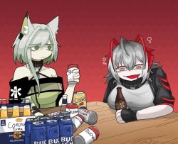 2girls alcohol animal_ears arknights beer breasts cat_ears cockroach_girl filutorem green_hair kal&#039;tsit_(arknights) large_breasts multiple_girls w_(arknights)