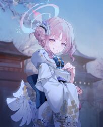 Rule 34 | 1girl, angel wings, blue archive, feathered wings, grin, hair bun, halo, highres, japanese clothes, kimono, long sleeves, looking at viewer, mika (blue archive), obi, pink hair, pink halo, reeh (yukuri130), sash, short hair, single side bun, smile, solo, white kimono, white wings, wide sleeves, wings, yellow eyes