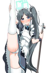 Rule 34 | 1girl, absurdly long hair, apron, aqua ribbon, aris (blue archive), aris (maid) (blue archive), black dress, black hair, black wristband, blue archive, blue eyes, dress, frilled apron, frills, halo, highres, holding, holding mop, long hair, looking at viewer, maid, maid apron, maid headdress, mop, official alternate costume, panties, pia (botamochinjufu), puffy short sleeves, puffy sleeves, ribbon, short sleeves, solo, split, standing, standing on one leg, standing split, thighhighs, underwear, very long hair, white apron, white panties, white thighhighs