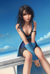 Rule 34 | 1girl, arm ribbon, arm warmers, bad id, bad pixiv id, beach, bike shorts, black hair, blue sky, blurry, blurry background, breasts, brown eyes, cleavage, final fantasy, final fantasy viii, highres, jewelry, medium breasts, miura-n315, necklace, own hands together, railing, ribbon, rinoa heartilly, sitting, sky, sleeveless, sleeveless duster, smile, solo, undershirt