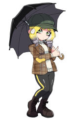 Rule 34 | 1girl, black leggings, blonde hair, boots, brown footwear, brown jacket, closed mouth, commentary, cross-laced footwear, dede (qwea 00000), full body, gradient hair, green eyes, green hat, grey hair, hat, holding, holding weapon, jacket, leggings, medium hair, multicolored hair, nintendo, octoling, octoling girl, octoling player character, open clothes, open jacket, plaid, plaid jacket, simple background, solo, splatoon (series), splatoon 3, standing, sweater, symbol-only commentary, tentacle hair, thick eyebrows, two-tone hair, undercover brella (splatoon), weapon, white background, white sweater