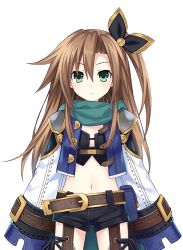 Rule 34 | belt, belt pouch, bow, breasts, brown hair, detached sleeves, four goddesses online: cyber dimension neptune, green eyes, green scarf, hair bow, hair ornament, highres, if (neptunia), jacket, long hair, long sleeves, looking at viewer, midriff, navel, neptune (series), official art, open clothes, open jacket, pouch, scarf, side ponytail, small breasts, solo, standing, transparent background, tsunako