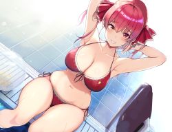 Rule 34 | 1girl, armpits, arms up, bare arms, bare shoulders, bikini, breasts, cleavage, collarbone, commentary, commentary request, curvy, front-tie bikini top, front-tie top, hair ribbon, halterneck, heterochromia, highres, hololive, houshou marine, houshou marine (summer), large breasts, long hair, looking at viewer, masaoka misaki, navel, poolside, red bikini, red eyes, red hair, red ribbon, ribbon, side-tie bikini bottom, sideways, sitting, skindentation, smile, solo, string bikini, swimsuit, teeth, twintails, virtual youtuber, yellow eyes
