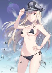 Rule 34 | 10s, 1girl, adjusting clothes, adjusting headwear, armpits, bare shoulders, bikini, bismarck (kancolle), black bikini, black ribbon, blue sky, breasts, cleavage, closed mouth, collarbone, contrapposto, cowboy shot, day, grey hat, groin, hair between eyes, hat, highres, kantai collection, lens flare, long hair, looking at viewer, medium breasts, navel, peaked cap, pink lips, ribbon, side-tie bikini bottom, sky, smile, solo, standing, stomach, sunlight, swimsuit, very long hair, water, water drop, you06