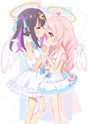Rule 34 | 2girls, ahoge, angel, angel wings, bandeau, bare arms, bare legs, bare shoulders, black hair, blue bow, blush, bow, braid, brown eyes, closed eyes, commentary, crop top, frilled bandeau, from side, hair ornament, hairclip, halo, highres, holding hands, interlocked fingers, layered skirt, long hair, midriff, mochitsuki kagami, multicolored hair, multiple girls, official alternate costume, onii-chan wa oshimai!, oyama mahiro, oyama mihari, pink hair, profile, purple hair, siblings, simple background, sisters, skirt, smile, twintails, two-tone hair, very long hair, white skirt, wings, wrist cuffs
