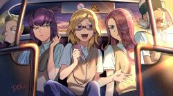 5boys black_headband blonde_hair blue_pants bus bus_interior collared_shirt digital_media_player dolustoy earphones glasses green_eyes hayabusa_hideki headband highres hoshifuru_kaguya inazuma_eleven_(series) inazuma_eleven_go long_hair male_focus minami_juuji motor_vehicle multiple_boys nishinosora_yoichi open_mouth orio_mihoshi pants pink_hair purple_eyes purple_hair school_uniform shirt sitting sweater_vest tinted_eyewear white_hair white_shirt yellow_eyes