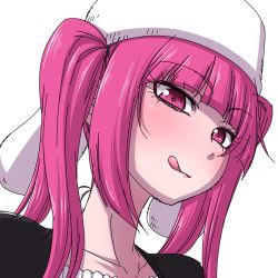 Rule 34 | 1girl, bleach, blush, breasts, commentary request, dokugamine riruka, hanya (hanya yashiki), hat, licking lips, long hair, looking at viewer, naughty face, pink eyes, pink hair, shiny skin, simple background, smile, solo, tongue, tongue out, twintails, white background