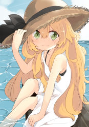 Rule 34 | 1girl, adjusting clothes, adjusting headwear, barashiya, black bow, blonde hair, blue sky, bow, bra strap, brown hat, carpaccio (girls und panzer), closed mouth, cloud, cloudy sky, commentary, day, dress, girls und panzer, green eyes, hat, hat bow, highres, long hair, looking at viewer, medium dress, ocean, outdoors, pier, sitting, sky, sleeveless, sleeveless dress, smile, soaking feet, solo, strap slip, straw hat, sun hat, sundress, water