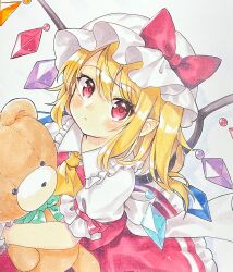 Rule 34 | 1girl, back bow, blonde hair, bow, collared shirt, cowboy shot, flandre scarlet, frilled shirt collar, frilled skirt, frilled sleeves, frills, hat, head tilt, highres, holding, holding stuffed toy, large bow, looking at viewer, medium hair, mimi (mimi puru), mob cap, multicolored wings, pointy ears, puffy short sleeves, puffy sleeves, red eyes, red skirt, red vest, shirt, short sleeves, simple background, skirt, skirt set, solo, stuffed animal, stuffed toy, teddy bear, touhou, vest, white background, white bow, white hat, white shirt, wings