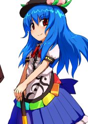 Rule 34 | 1girl, bad id, bad pixiv id, blue hair, bow, dai-erie, food, fruit, hat, hinanawi tenshi, long hair, peach, red eyes, smile, solo, sword of hisou, touhou, weapon