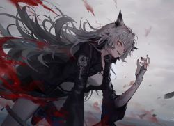 Rule 34 | 1girl, animal ears, arknights, black jacket, black nails, black shorts, blood, commentary, gloves, glowing, glowing eyes, grey hair, hand up, huanxiang heitu, jacket, lappland (arknights), long hair, long sleeves, messy hair, nail polish, open clothes, open jacket, open mouth, red eyes, shorts, smile, solo, very long hair