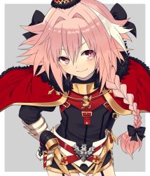 Rule 34 | 1boy, armor, armored dress, astolfo (fate), black bow, black dress, bow, braid, cloak, closed mouth, dress, fang, fate/apocrypha, fate/grand order, fate (series), fur-trimmed cloak, fur trim, gauntlets, gorget, grey background, hair bow, hair intakes, happy, long braid, long hair, long sleeves, looking at viewer, m 0506, male focus, multicolored hair, pink eyes, pink hair, red cloak, simple background, single braid, smile, solo, streaked hair, trap
