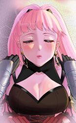 Rule 34 | 1boy, 1girl, armor, blush, breasts, byleth (fire emblem), byleth (male) (fire emblem), ceroccb, earrings, fire emblem, fire emblem: three houses, gloves, hetero, highres, hilda valentine goneril, imminent kiss, jewelry, large breasts, long hair, long sleeves, nintendo, open mouth, out of frame, pink eyes, pink hair, pov, pov hands, solo focus, twintails