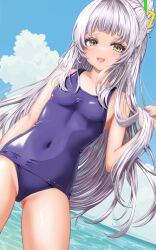 Rule 34 | 1girl, arched bangs, blue one-piece swimsuit, blue sky, breasts, cloud, covered navel, day, grey hair, hair bun, hair ribbon, highres, hololive, long hair, looking at viewer, murasaki shion, one-piece swimsuit, open mouth, outdoors, ribbon, school swimsuit, sky, small breasts, solo, swimsuit, virtual youtuber, wakaunderblade7, yellow eyes