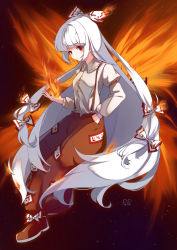 Rule 34 | 1girl, :/, absurdres, artist name, beige shirt, bow, buttons, closed mouth, collared shirt, dress shirt, eyes visible through hair, fiery wings, fire, fujiwara no mokou, full body, hair bow, hair ribbon, hand in pocket, highres, juliet sleeves, long hair, long sleeves, ofuda, pants, pocket, puffy sleeves, pupa jiang, red eyes, red footwear, red pants, red pupils, ribbon, shirt, solo, suspenders, touhou, tress ribbon, very long hair, white hair, wings