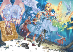 Rule 34 | 3girls, ahoge, alice margatroid, alice margatroid (pc-98), angel wings, bird, blonde hair, blue eyes, book, capelet, child, clam, coin, cross-laced footwear, detached wings, female focus, fish, frills, gold, hairband, ice, long hair, long skirt, long sleeves, mask, momijigari, multiple girls, mystic square, open mouth, photo (object), sash, shells, shinki (touhou), short hair, short sleeves, silver hair, skirt, smile, touhou, touhou (pc-98), very long hair, wide sleeves, wings