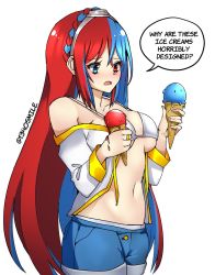 Rule 34 | 1340smile, 1girl, alear (female) (fire emblem), alear (fire emblem), bikini, bikini top only, blue eyes, blue hair, braid, breasts, crown braid, fire emblem, fire emblem engage, food, heterochromia, highres, ice cream, ice cream cone, large breasts, long hair, multicolored hair, nintendo, open mouth, red eyes, red hair, shorts, simple background, solo, swimsuit, tiara, underboob, very long hair