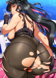 Rule 34 | 1girl, ass, ass grab, bad id, bad pixiv id, bent over, bikini, black bikini, black bodysuit, black gloves, black hair, bodysuit, breasts, fate/grand order, fate (series), fingerless gloves, forehead tattoo, from behind, gloves, grabbing own ass, hand on own ass, hat, highres, large breasts, long hair, looking back, magukappu, multicolored hair, peaked cap, police hat, ponytail, presenting, purple hair, sessyoin kiara, sessyoin kiara (swimsuit mooncancer), sessyoin kiara (swimsuit mooncancer) (second ascension), solo, spread ass, streaked hair, swimsuit, torn bodysuit, torn clothes, yellow eyes