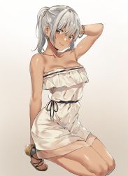 Rule 34 | 1girl, arm up, bad id, bad twitter id, bare shoulders, blush, brown eyes, commentary request, dark-skinned female, dark skin, dress, gradient background, grey hair, highres, kneeling, looking at viewer, original, ponytail, sandals, smile, solo, strapless, strapless dress, white dress, yuran