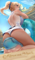 Rule 34 | 1girl, artist name, ass, ass focus, back, bare shoulders, barefoot, blonde hair, blue eyes, bow, breasts, cameltoe, cleft of venus, cloud, female focus, from behind, from below, genshin impact, hair between eyes, hair bow, highres, holy meh, huge ass, innertube, jean (genshin impact), jean (sea breeze dandelion) (genshin impact), kneeling, long hair, looking at viewer, looking down, medium breasts, official alternate costume, outdoors, partially visible vulva, patreon logo, patreon username, ponytail, see-through, shiny skin, short shorts, shorts, shoulder blades, sideboob, sidelocks, sky, slime (creature), soles, solo, swim ring, thighs, toes, water, watermark, web address