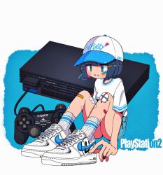 Rule 34 | 1girl, bandaid, bandaid on cheek, bandaid on face, bandaid on knee, bandaid on leg, baseball cap, blue background, blue eyes, blue hair, blue shorts, blunt bangs, bob cut, breasts, colored inner hair, dark blue hair, denim, denim shorts, game console, hat, highres, knees up, multicolored hair, nao97122, nike (company), original, outside border, parted lips, pink hair, playstation 2, playstation controller, product placement, ribbed socks, shirt, shirt tucked in, shoes, short hair, short shorts, short sleeves, shorts, sitting, small breasts, sneakers, socks, solo, white background, white footwear, white hat, white shirt, white socks