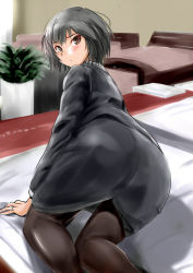 Rule 34 | 1girl, all fours, amagami, ass, bed, bedroom, black hair, brown eyes, indoors, jewelry, looking at viewer, murasaki iro, nanasaki ai, office lady, pantyhose, pencil skirt, ring, short hair, skirt, solo, tsurime