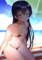 Rule 34 | 1girl, absurdres, bikini, blue hair, blush, breasts, commentary request, gold bikini, halterneck, highres, kazepana, long hair, looking at viewer, love live!, love live! school idol project, micro bikini, navel, outdoors, parted lips, side-tie bikini bottom, sidelocks, sitting, small breasts, solo, sonoda umi, swimsuit, thighs, yellow eyes