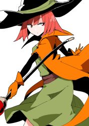 Rule 34 | 1girl, black hat, cape, dragon quest, dragon quest iii, dress, gloves, green dress, hat, holding, holding staff, looking away, looking to the side, mage (dq3), orange cape, orange gloves, red eyes, red hair, sash, short hair, simple background, solo, staff, taniya raku, white background, wizard hat