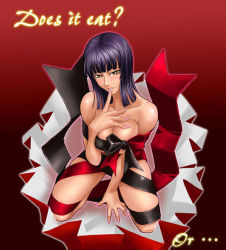 Rule 34 | 1girl, bare shoulders, bdsm, blush, bondage, bound, breasts, brown hair, cleavage, collarbone, english text, engrish text, female focus, finger to mouth, gift, hime cut, kagami hirotaka, kneeling, large breasts, long hair, looking at viewer, naked ribbon, nico robin, one piece, parted lips, purple hair, ranguage, ribbon, ribbon bondage, solo