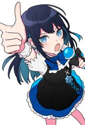 Rule 34 | 1girl, ado (utaite), arm up, black bow, black dress, black hair, blue eyes, blue hair, bow, chando (ado), cloud nine inc, colored inner hair, commentary request, cosplay, dress, highres, holding, holding microphone, index finger raised, indie virtual youtuber, looking at viewer, microphone, multicolored hair, open mouth, pinafore dress, pmaru-sama, pmaru-sama (cosplay), puffy short sleeves, puffy sleeves, riseno, short sleeves, sidelocks, simple background, sleeveless, sleeveless dress, solo, white background, white wrist cuffs, wrist cuffs