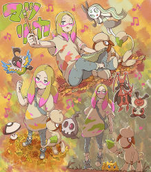 Rule 34 | 1girl, asakihayato, autumn leaves, blonde hair, character name, chatot, commentary request, creatures (company), duskull, foongus, game freak, gen 2 pokemon, gen 3 pokemon, gen 4 pokemon, gen 5 pokemon, grey eyes, hand up, highres, holding, holding paintbrush, joltik, kricketot, kricketune, legendary pokemon, long hair, meloetta, mina (pokemon), musical note, mythical pokemon, nintendo, one eye closed, paintbrush, pants, pink hair, pokemon, pokemon (creature), pokemon sm, shirt, shoes, short sleeves, sitting, sketchbook, smeargle, standing, tongue, tongue out, torn clothes, torn pants