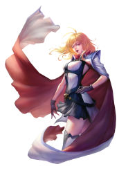 Rule 34 | 1girl, absurdres, angelise ikaruga misurugi, antenna hair, belt, blonde hair, breasts, cape, cross ange, gloves, highres, lips, looking at viewer, medium breasts, open mouth, pleated skirt, red cape, red eyes, revision, short hair, simple background, skirt, solo, standing, teeth, thighhighs, tongue, white background, white thighhighs, zhen long