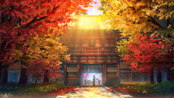 Rule 34 | 1girl, architecture, autumn, autumn leaves, black hair, bush, copyright notice, dappled sunlight, east asian architecture, evening, facing away, falling leaves, from behind, gate, hakama, highres, japanese clothes, kimono, leaf, long hair, miko, mountain, official art, original, outdoors, pavement, red hakama, scenery, shrine, sky, smile (qd4nsvik), solo, standing, sunlight, tree, white kimono