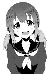 Rule 34 | 1girl, :d, akino sora, blush, copyright request, greyscale, head tilt, highres, long sleeves, looking at viewer, low twintails, monochrome, neckerchief, open mouth, round teeth, school uniform, serafuku, simple background, smile, solo, teeth, twintails, upper body, white background