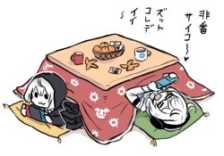 Rule 34 | 2girls, abyssal ship, basket, closed mouth, cup, food, fruit, glasses, handheld game console, heart, holding, holding handheld game console, kantai collection, kotatsu, long hair, long sleeves, mandarin orange, multiple girls, nintendo switch, open mouth, pale skin, re-class battleship, short hair, simple background, supply depot princess, table, terrajin, translation request, very long hair, white background, white hair