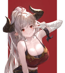Rule 34 | 1girl, absurdres, aliza (granblue fantasy), bandaged hand, bandages, bare shoulders, belt, black pants, blunt bangs, breasts, cleavage, closed mouth, commentary request, crop top, draph, granblue fantasy, grey hair, highres, horns, large breasts, long hair, looking at viewer, midriff, navel, pants, pointy ears, ponytail, red background, red eyes, smile, solo, two-tone background, white background, yu pian