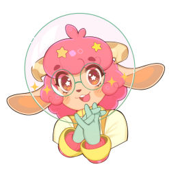Rule 34 | 1girl, animal ears, astronaut, blush, blush stickers, commentary, commission, cropped arms, cropped torso, curled horns, english commentary, fishbowl helmet, glasses, hair ornament, halphelt, helmet, horns, interlocked fingers, open mouth, orange eyes, original, own hands together, pink hair, sheep ears, sheep girl, sheep horns, simple background, smile, solo, space helmet, spacesuit, star-shaped pupils, star (symbol), star hair ornament, symbol-shaped pupils, teeth, upper body, upper teeth only, white background, wool