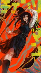 Rule 34 | 1girl, absurdres, arm up, belt, black belt, black dress, black hair, black ribbon, black socks, breasts, chainsaw man, dress, feet out of frame, from below, highres, holding, holding sword, holding weapon, hyde (tabakko), kneehighs, long hair, long sleeves, looking at viewer, medium breasts, neck ribbon, open mouth, pinafore dress, red eyes, ribbon, ringed eyes, scar, scar on face, shirt, sleeveless, sleeveless dress, socks, solo, standing, sword, tanaka (chainsaw man), weapon, white shirt, yoru (chainsaw man)