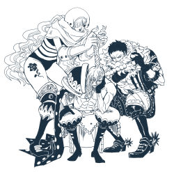 Rule 34 | 1girl, 2boys, abs, absurdres, annoyed, arm tattoo, armlet, armor, asymmetrical armor, asymmetrical hair, bare arms, bare pectorals, bare shoulders, belt, blue theme, boots, braid, braiding hair, brother and sister, brothers, cape, charlotte cracker, charlotte katakuri, charlotte smoothie, covered mouth, cowboy boots, food, food on head, full body, gloves, hair over one eye, hairdressing, hands up, hat, head rest, height difference, highres, holding, holding own hair, knee boots, leaning forward, leg tattoo, leotard, lips, living (pixiv5031111), long hair, looking afar, looking at another, messy hair, monochrome, multiple boys, muscular, object on head, one piece, open clothes, open mouth, open vest, pants, parted lips, pauldrons, pectorals, scar, scar across eye, scar on face, scarf, short hair, shoulder armor, siblings, simple background, single braid, single pauldron, sitting, spikes, spurs, squatting, standing, stitches, stomach tattoo, tattoo, topless male, very long hair, vest