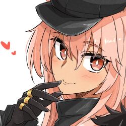 Rule 34 | 1girl, arknights, black gloves, black hat, blush, cabbie hat, closed mouth, commentary request, gloves, gravel (arknights), hair between eyes, hand up, hat, heart, long sleeves, looking at viewer, maiq06, pink hair, portrait, red eyes, simple background, sleeves past wrists, smile, solo, thick eyebrows, white background