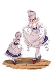 Rule 34 | 2girls, :d, anchor, apron, as4gi, azur lane, belfast (azur lane), bow choker, chain, choker, clothes lift, collarbone, commentary request, elbow gloves, full body, gloves, grey eyes, grey hair, hair between eyes, highres, lifted by self, little bel (azur lane), long hair, looking at another, maid, maid apron, maid headdress, mother and daughter, multiple girls, name connection, one side up, open mouth, ribbon choker, salute, sidelocks, simple background, skirt, skirt lift, sleeveless, smile, standing, white background, white gloves, white legwear