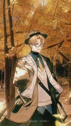 Rule 34 | 1boy, absurdres, autumn, blonde hair, blue eyes, blue shirt, branch, brown coat, brown hat, chinese commentary, chrome: glory (punishing: gray raven), chrome (punishing: gray raven), coat, collared shirt, commentary, cowboy shot, earrings, fedora, glasses, hand in pocket, hat, highres, jewelry, kakukaku666, looking at viewer, male focus, necktie, official alternate costume, open clothes, open coat, park, parted bangs, photo background, procreate (medium), punishing: gray raven, rectangular eyewear, scarf, shirt, solo, striped clothes, striped necktie, striped shirt, stud earrings, sweater vest, tie clip, tree, untucked shirt, v-neck, vertical-striped clothes, vertical-striped shirt, white scarf, white sweater vest, yellow leaves, yellow necktie