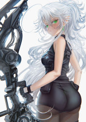 Rule 34 | 1girl, archery, ass, bow (weapon), breasts, earrings, elf, gloves, green eyes, highres, holding, holding weapon, jewelry, kein hasegawa, long hair, looking at viewer, looking back, original, pantyhose, pointy ears, science fiction, silver hair, tight clothes, very long hair, weapon