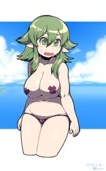 Rule 34 | 1girl, asakawa remon, blush, breasts, cleavage, female pubic hair, green eyes, green hair, large breasts, long hair, matching hair/eyes, open mouth, original, pasties, plump, pointy ears, pubic hair, remona-san, solo